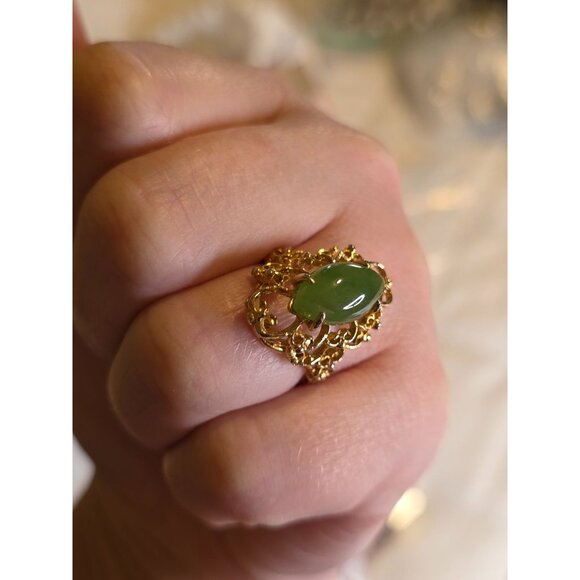 Vintage Gold Plated Green Stone Ring Size 6.5 Elegant Filigree Design Exquisite - Picture 6 of 11